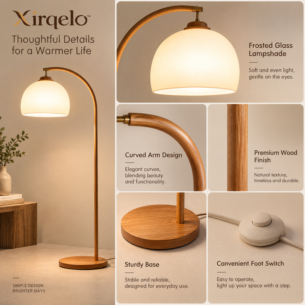 𝑿𝒊𝒓𝒒𝒆𝒍𝒐™ Curved Wood-Look Floor Lamp with Frosted Glass Shade