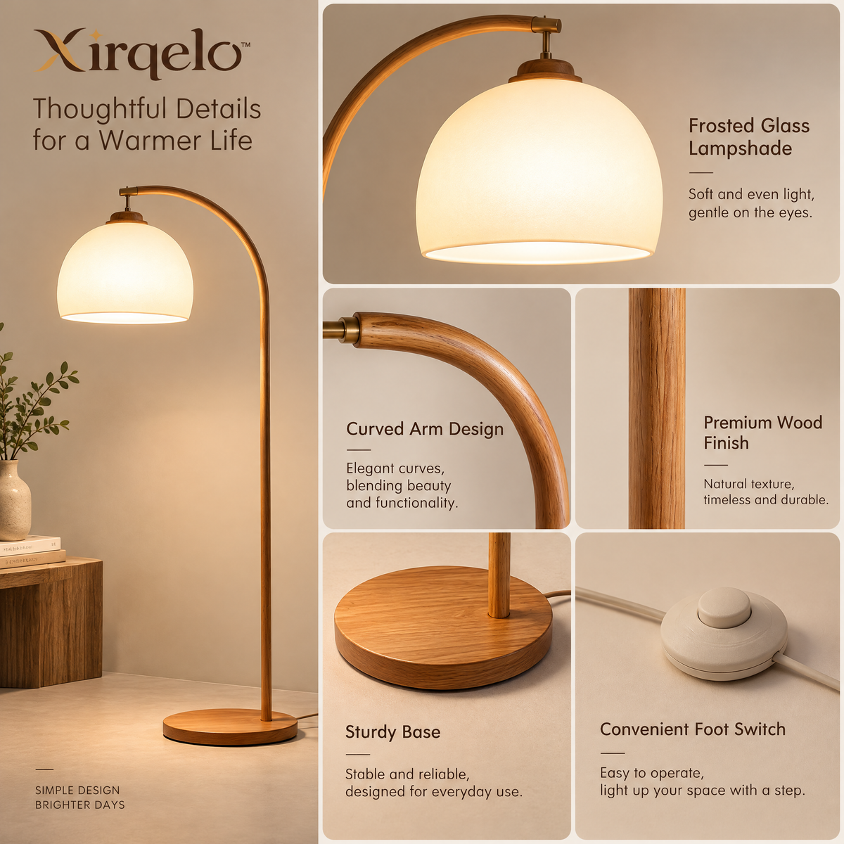 𝑿𝒊𝒓𝒒𝒆𝒍𝒐™ Curved Wood-Look Floor Lamp with Frosted Glass Shade