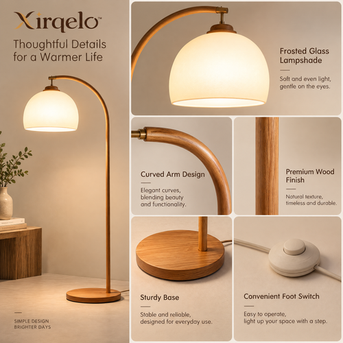 𝑿𝒊𝒓𝒒𝒆𝒍𝒐™ Curved Wood-Look Floor Lamp with Frosted Glass Shade
