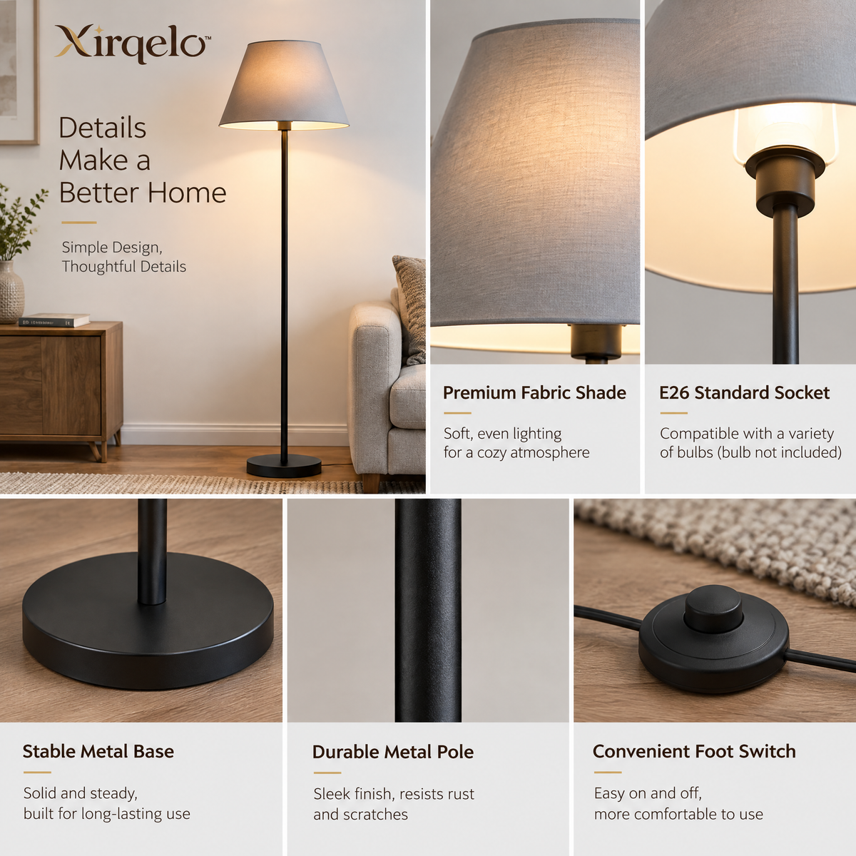 𝑿𝒊𝒓𝒒𝒆𝒍𝒐™ Classic Black Floor Lamp with Gray Fabric Shade