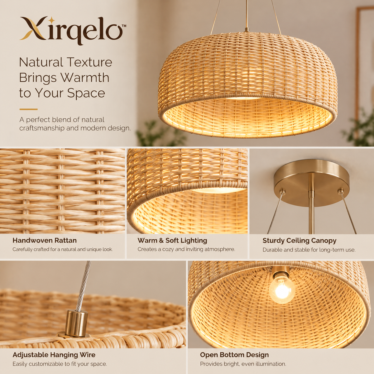 𝑿𝒊𝒓𝒒𝒆𝒍𝒐™ Woven Rattan Drum Pendant Light