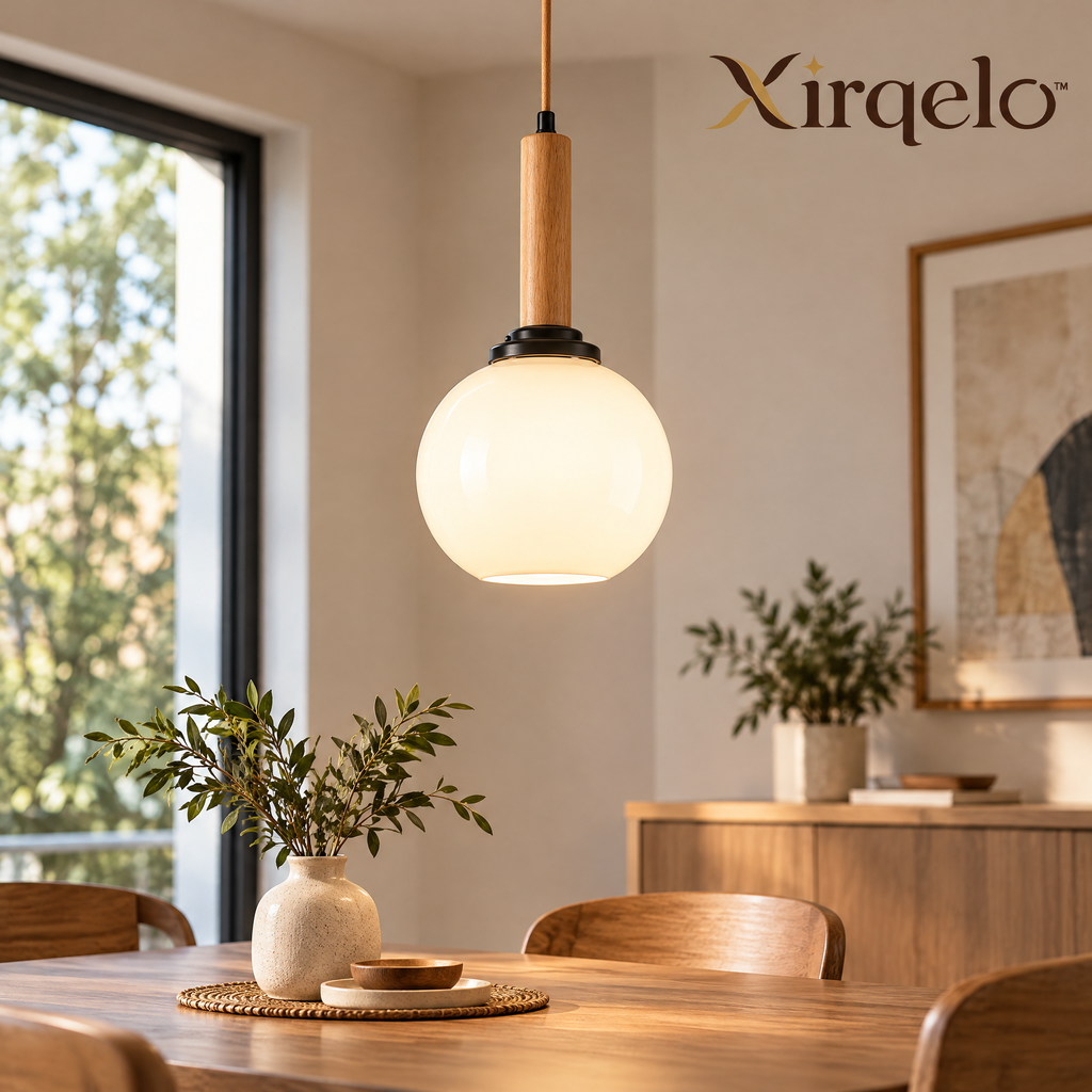 𝑿𝒊𝒓𝒒𝒆𝒍𝒐™ Frosted Globe Pendant Light with Natural Wood Accent