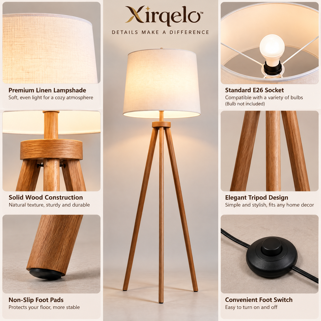 𝑿𝒊𝒓𝒒𝒆𝒍𝒐™ Wooden Tripod Floor Lamp with Linen Shade