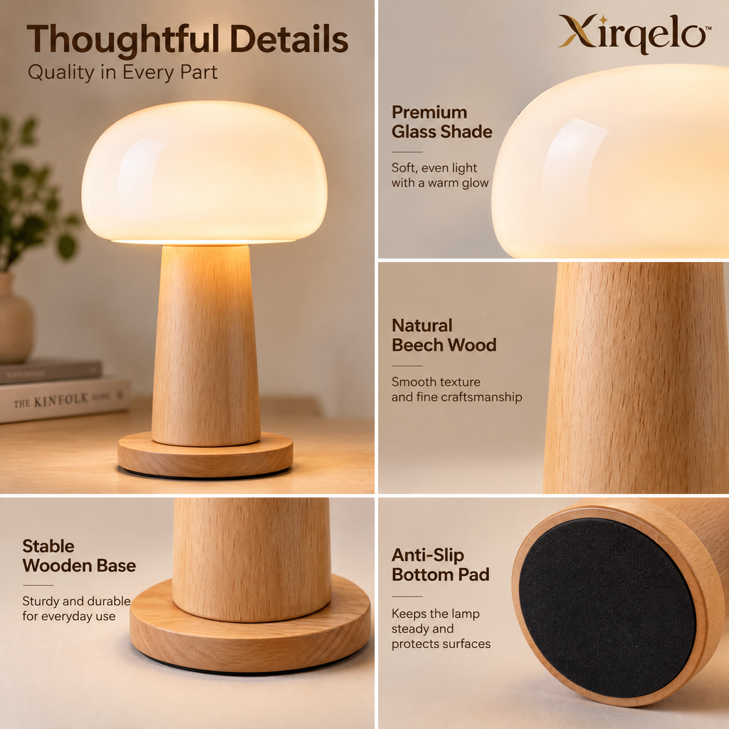 𝑿𝒊𝒓𝒒𝒆𝒍𝒐™ Frosted Glass Mushroom Table Lamp with Beech Wood Base