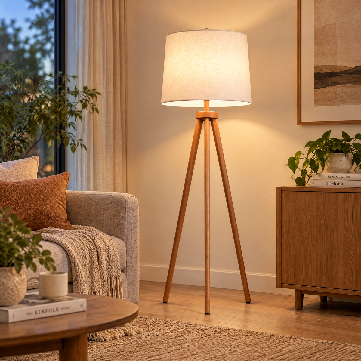 𝑿𝒊𝒓𝒒𝒆𝒍𝒐™ Wooden Tripod Floor Lamp with Linen Shade