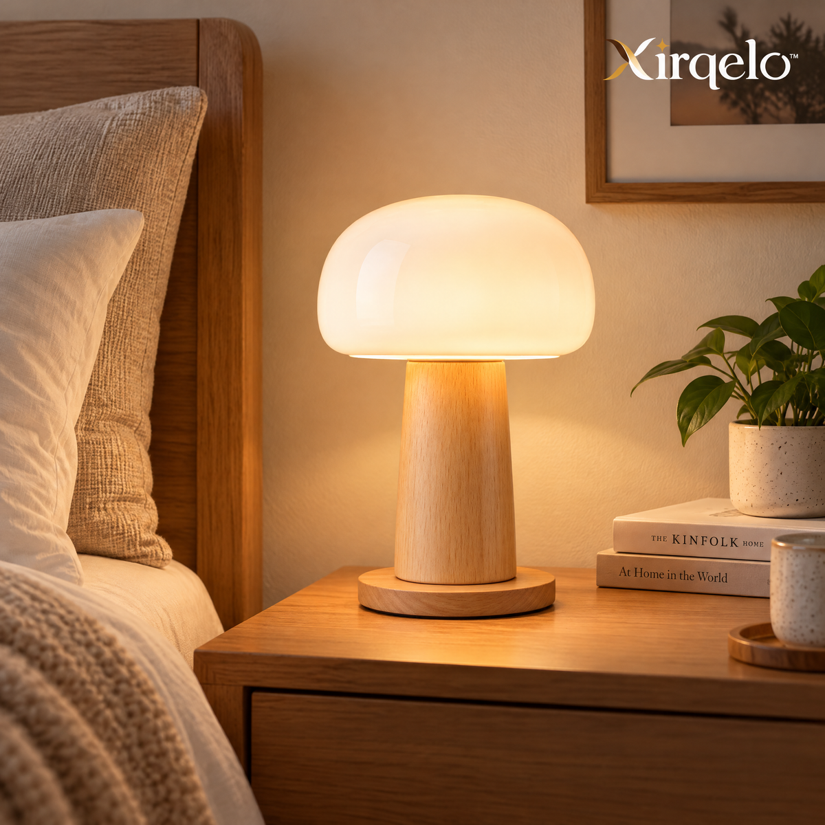 𝑿𝒊𝒓𝒒𝒆𝒍𝒐™ Frosted Glass Mushroom Table Lamp with Beech Wood Base