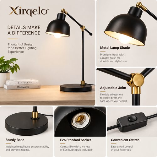 𝑿𝒊𝒓𝒒𝒆𝒍𝒐™ Adjustable Black Desk Lamp with Brass-Tone Accents