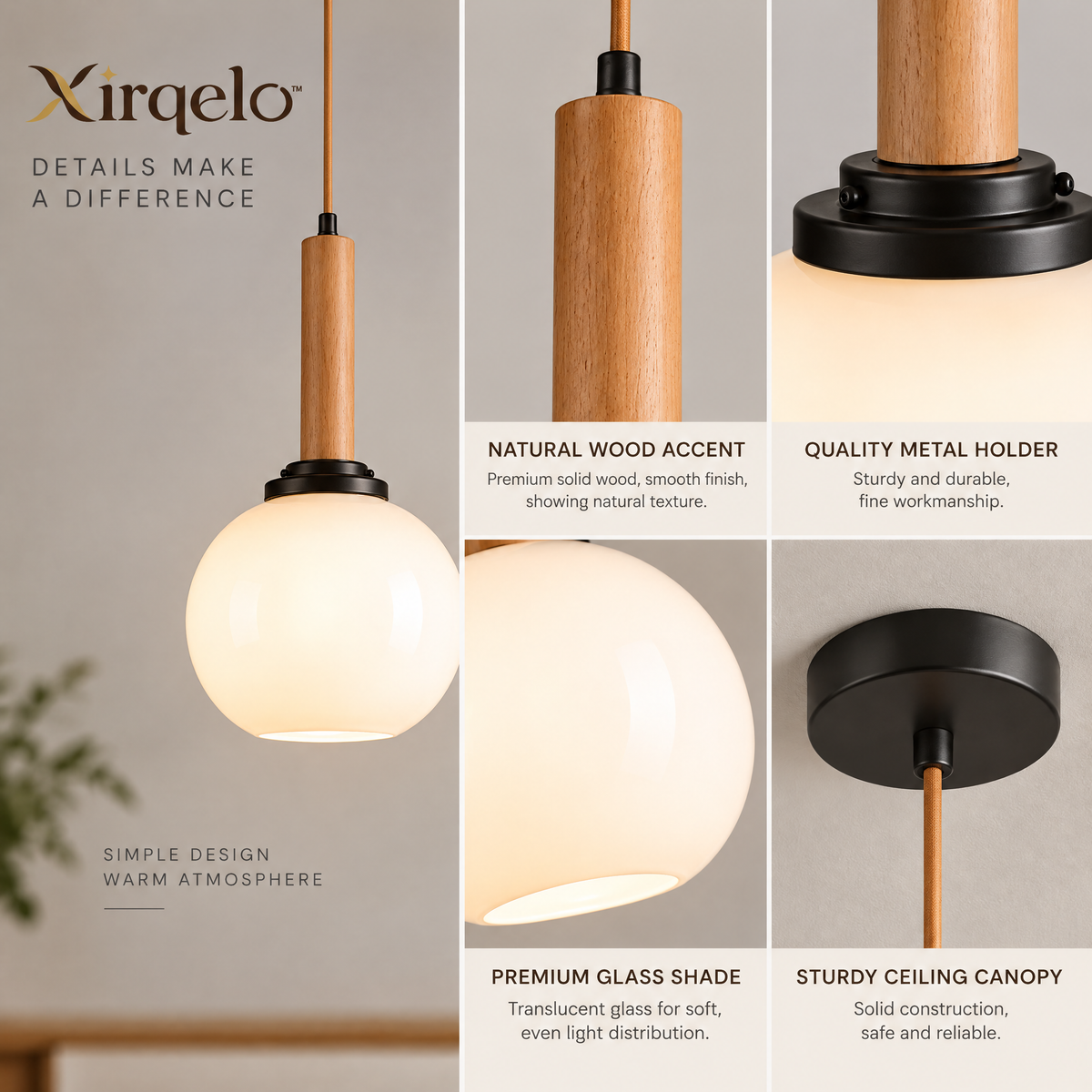 𝑿𝒊𝒓𝒒𝒆𝒍𝒐™ Frosted Globe Pendant Light with Natural Wood Accent
