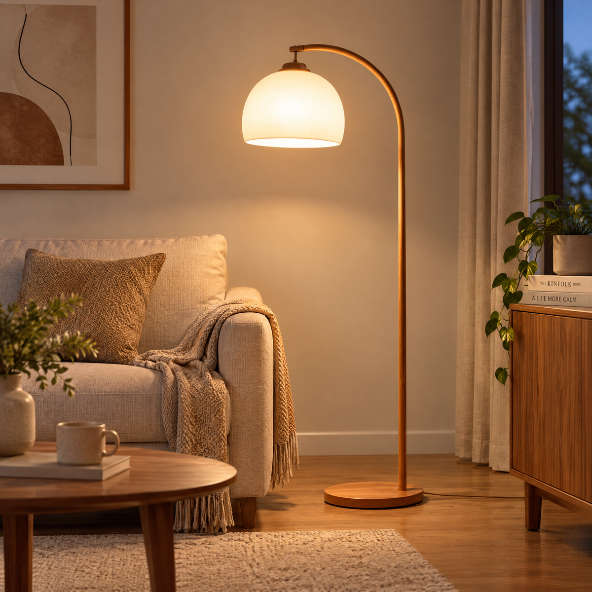 𝑿𝒊𝒓𝒒𝒆𝒍𝒐™ Curved Wood-Look Floor Lamp with Frosted Glass Shade