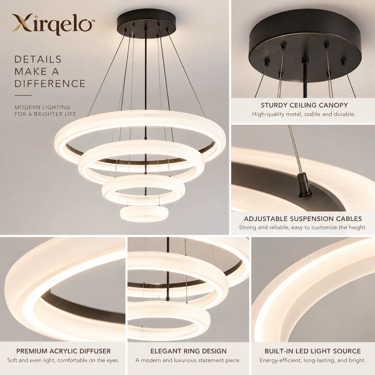𝑿𝒊𝒓𝒒𝒆𝒍𝒐™ Four-Ring Cascading LED Pendant Light